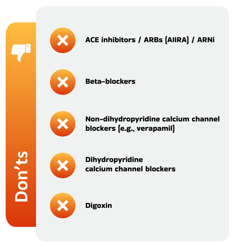 Educational infographic from Amyloidosis Africa highlighting medications that should be avoided and key management strategies in cardiac amyloidosis.