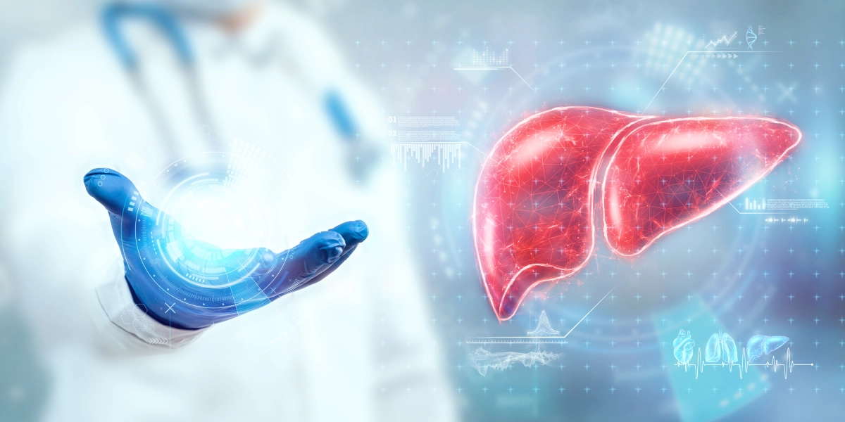 Liver transplantation in amyloidosis with a medical specialist evaluating the liver for transplant and disease management.